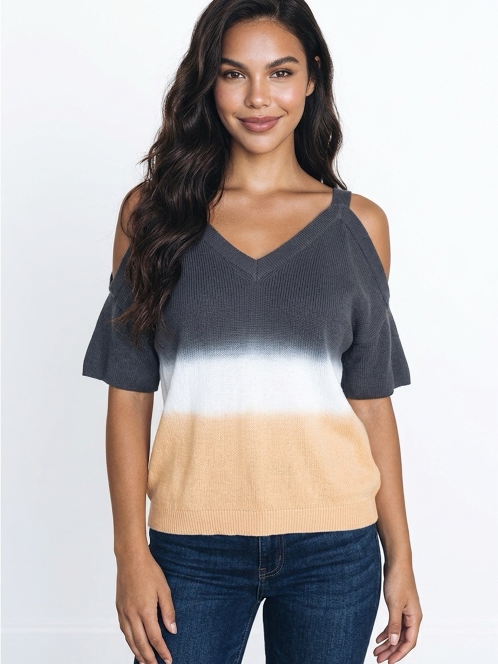 Michael Stars Cold Shoulder Ribbed Gradient Colors Knit Sweater Top
